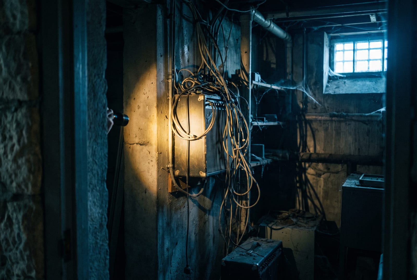 A dim basement riser room with an old intercom amplifier cabinet and decades of accumulated cable, lit by a flashlight beam