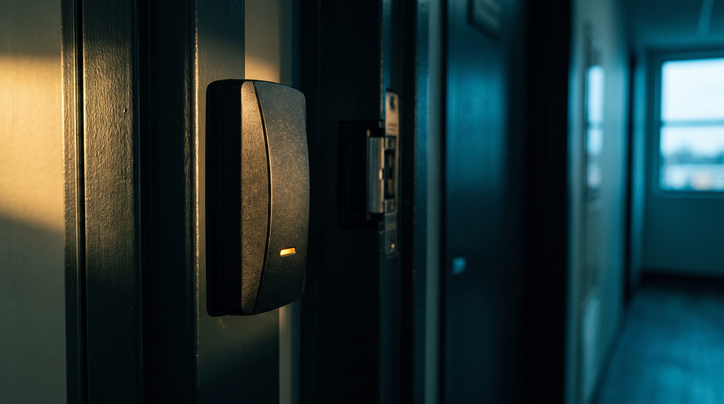 A black card reader mounted on a dark steel door frame in a commercial corridor, its status light glowing amber, with an electric strike visible in the jamb behind it