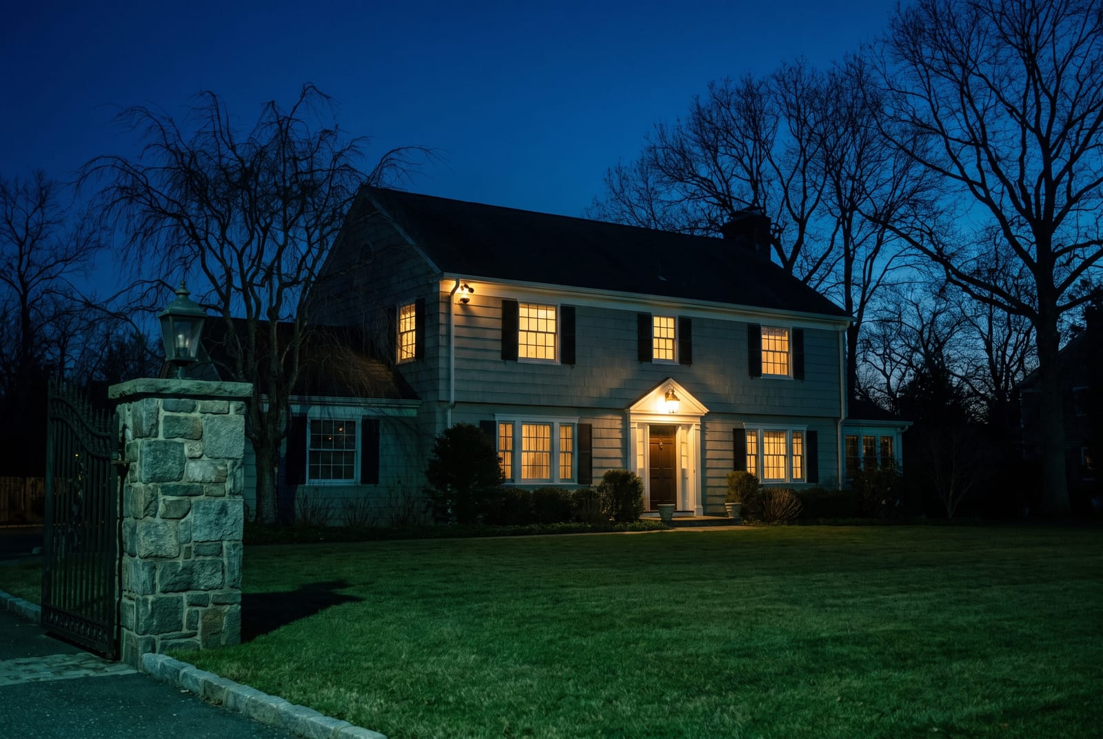A colonial-style single-family house at blue hour with warm light in the windows, a small camera under the eave and a gate post at the head of the driveway
