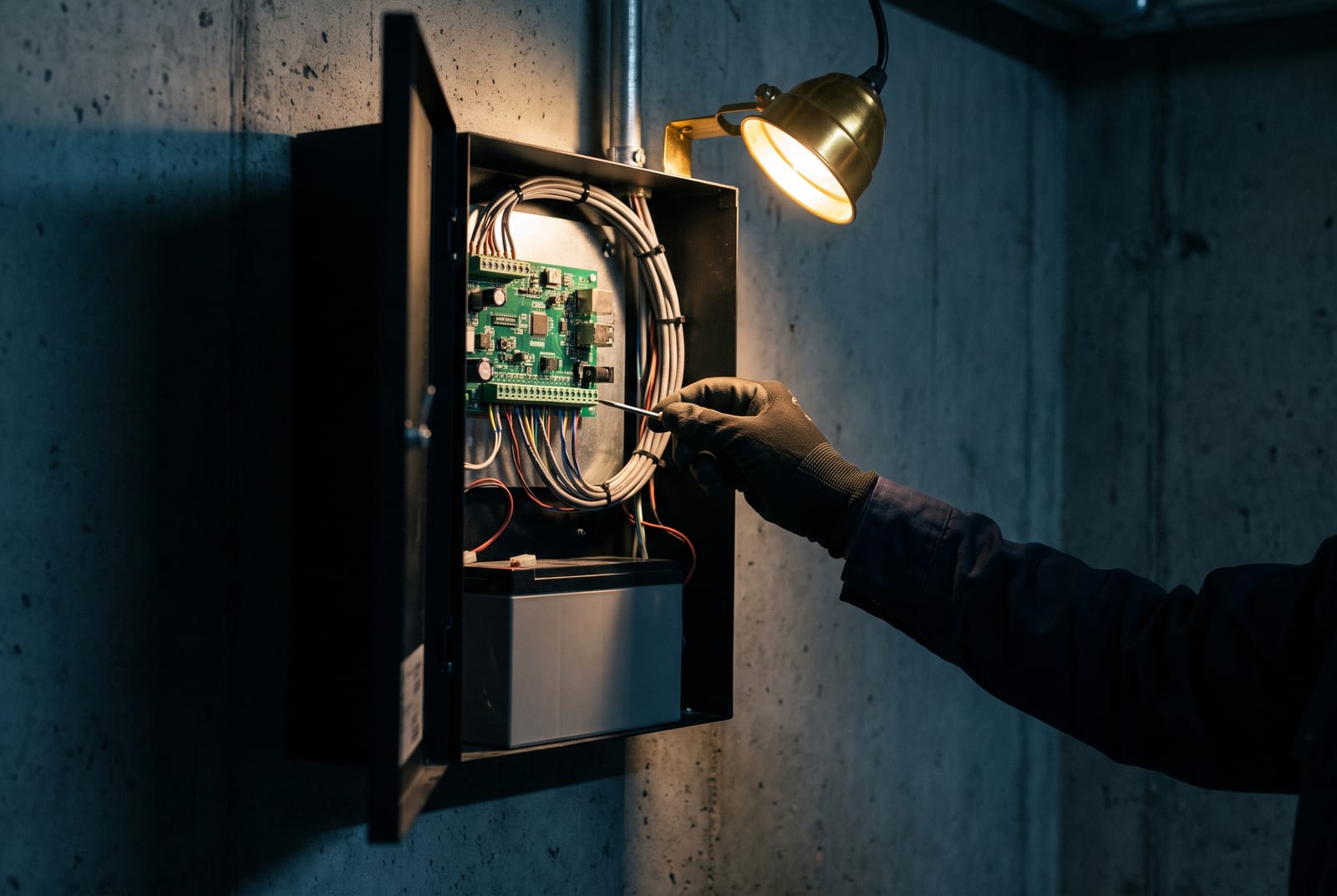 An open access control panel enclosure in a dark utility room showing a controller board, neatly landed multi-conductor cable and a standby battery below