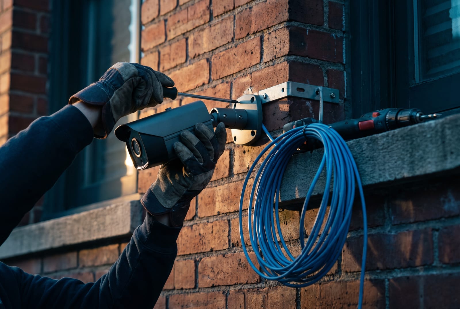 A gray bullet camera being bracketed to a brick wall with a coil of Cat6 cable hanging beneath it