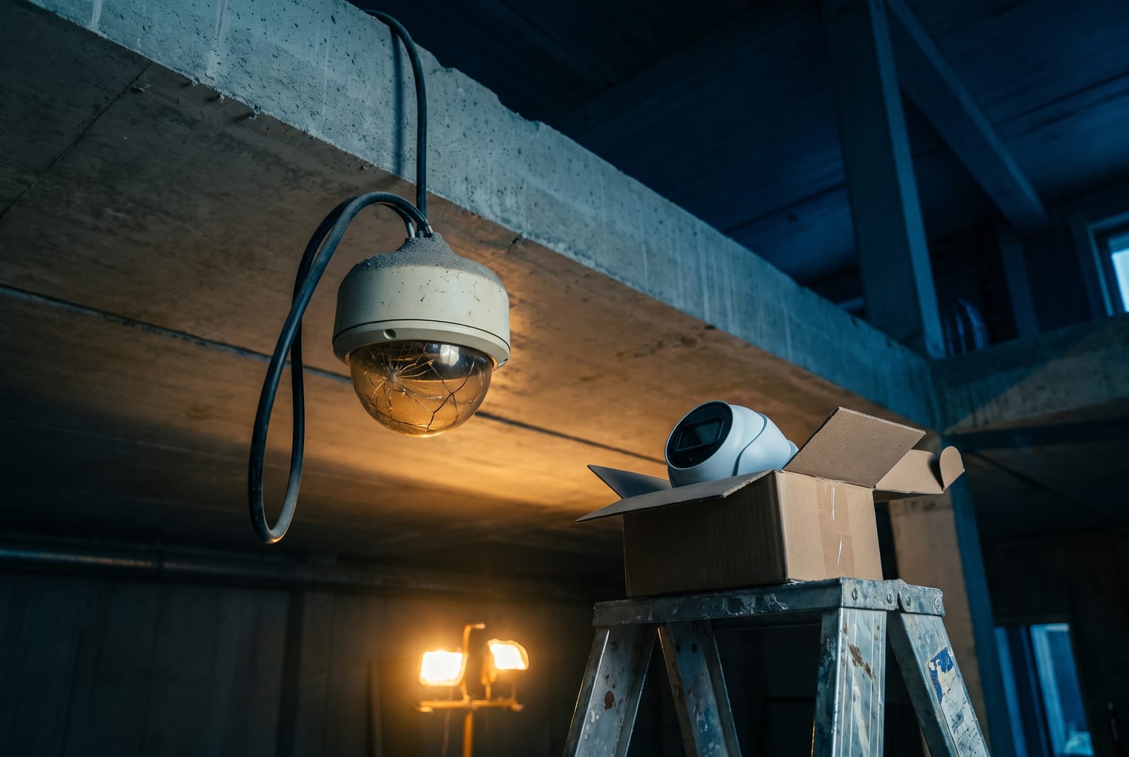 A cracked analog dome camera hanging from a ceiling next to a new IP dome camera waiting in its box