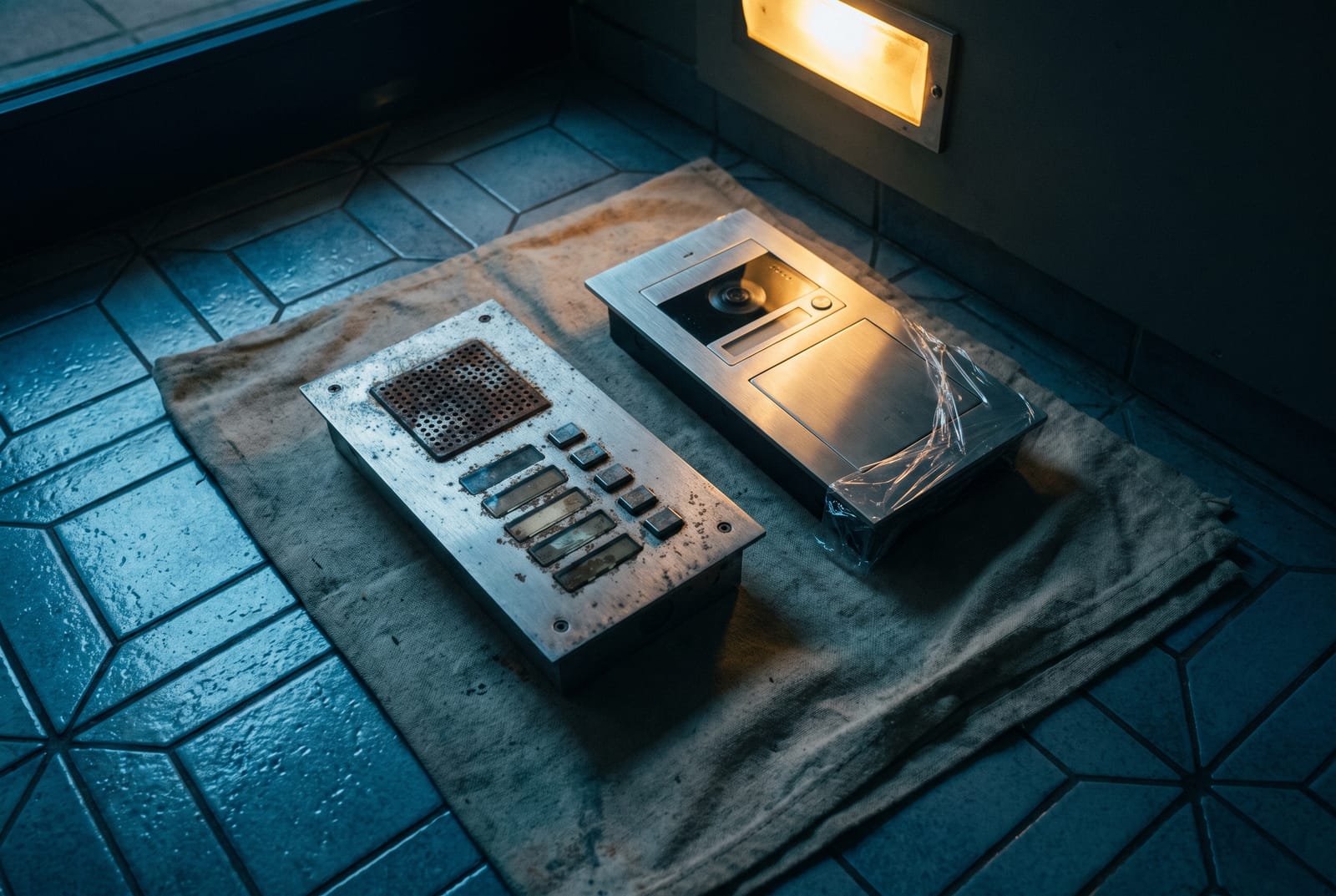 A corroded 1970s aluminum lobby intercom panel lying on a drop cloth beside a new flush brushed-steel video panel still partly wrapped